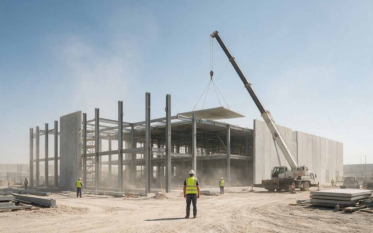 Crane lifting a roof panel onto a steel frame on an open site
