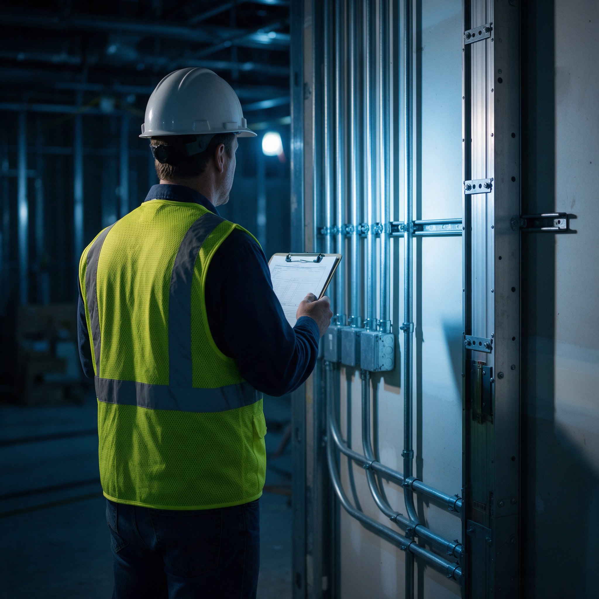 Site inspector with a clipboard checking installed conduit
