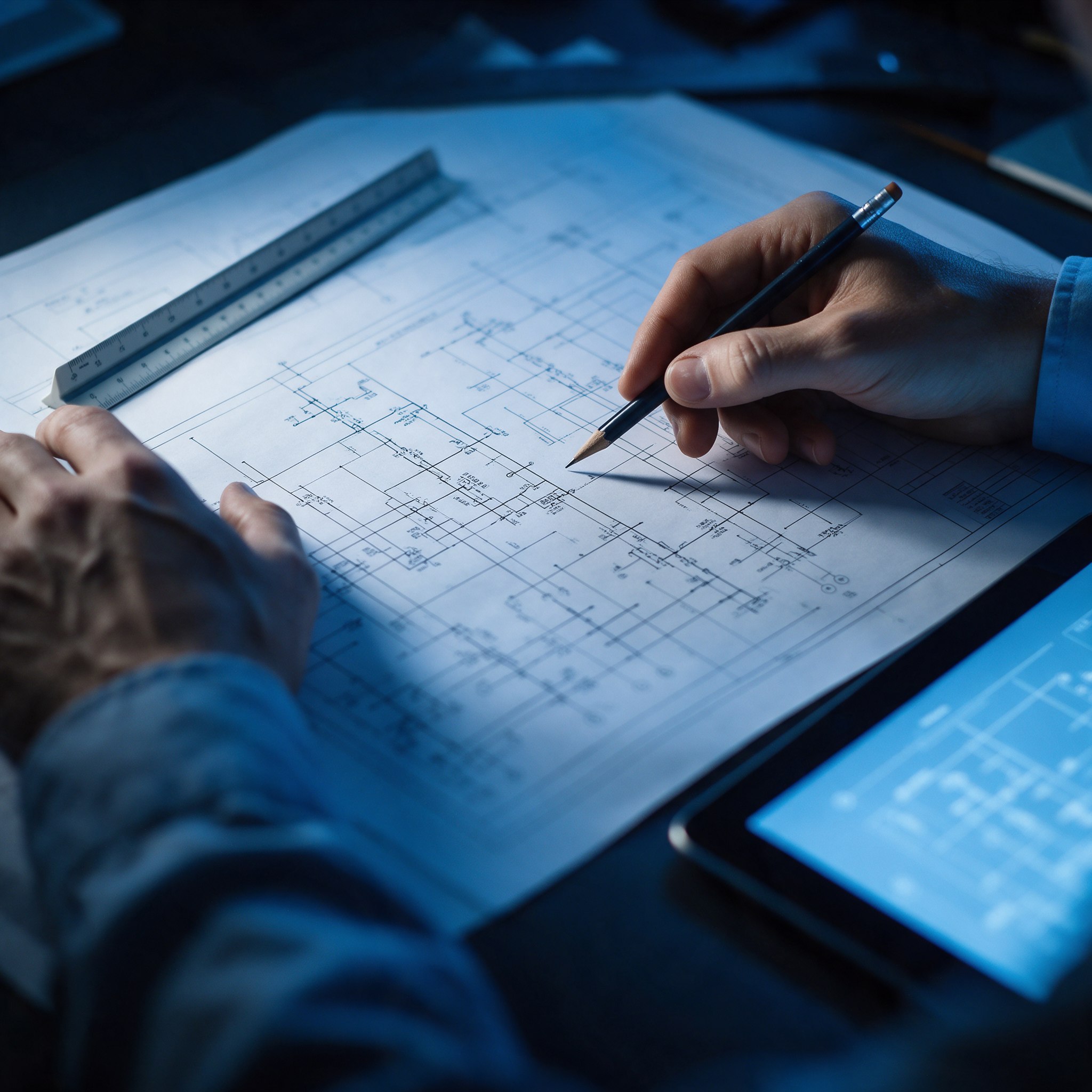 Engineer's hands reviewing an electrical single-line diagram